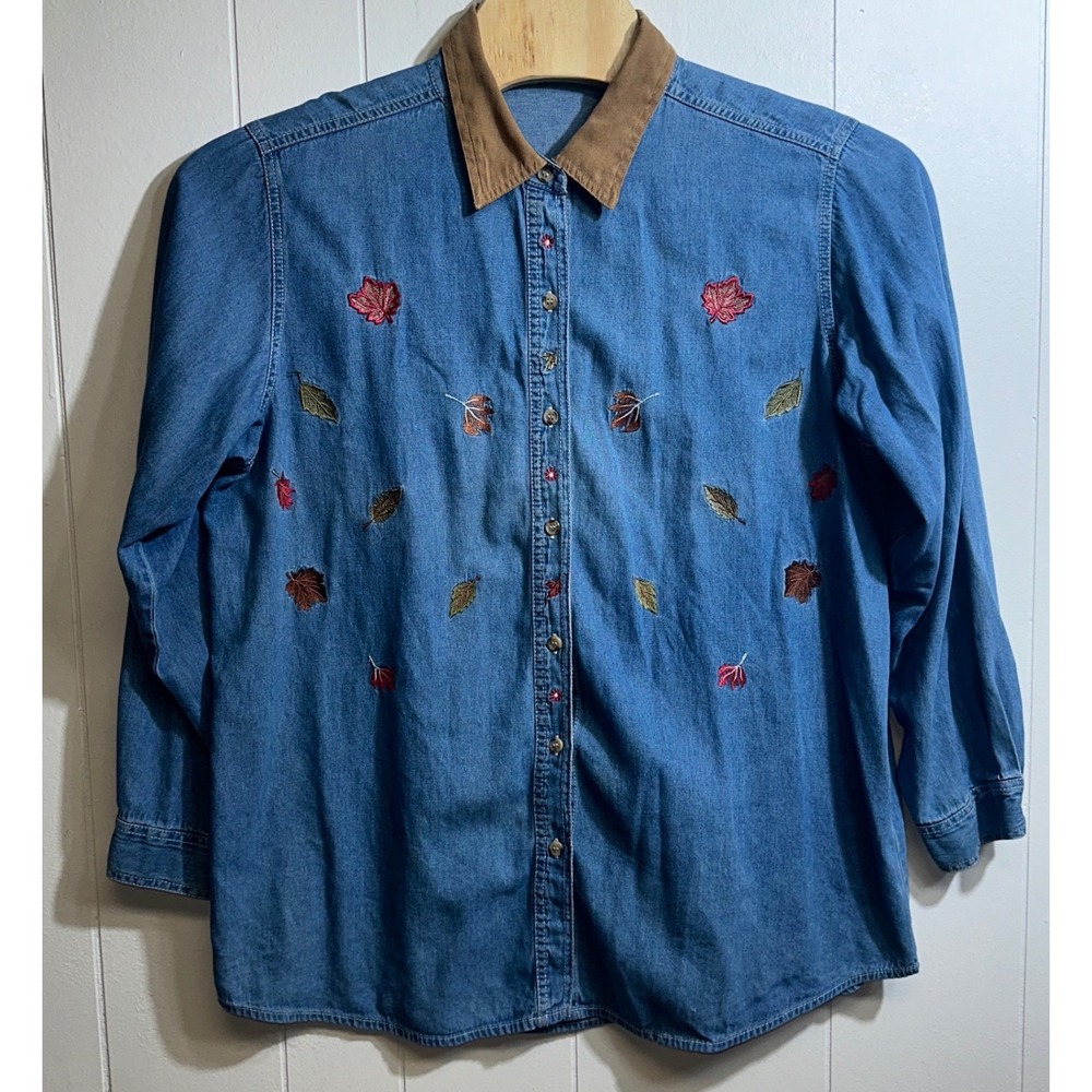 Vintage Denim Embroidered Leaf Shirt Brown Corduroy Collar Blue Button Down L